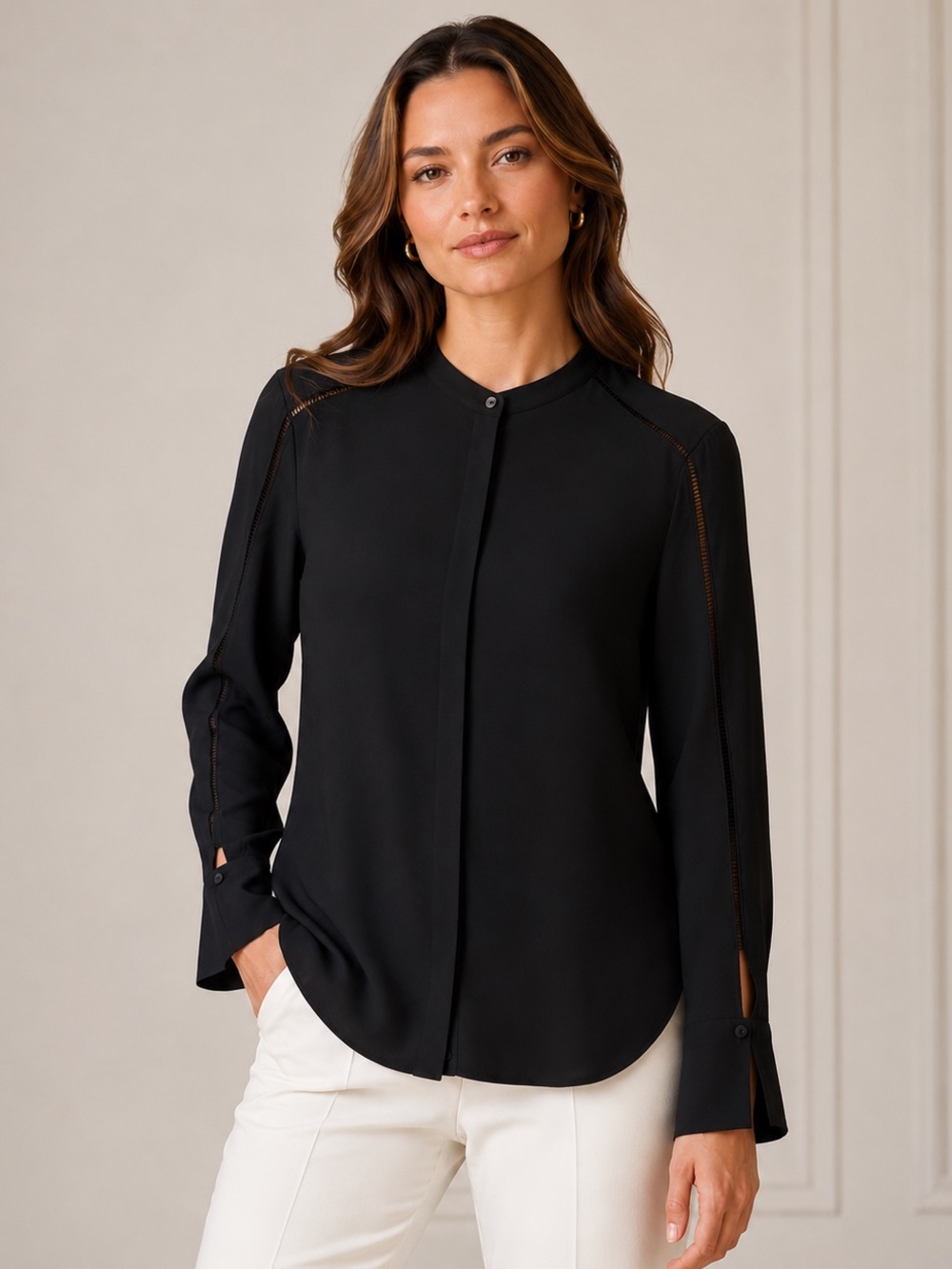 Halston Black Ladder Stitch Blouse Size Medium Mandarin Collar Long Sleeve